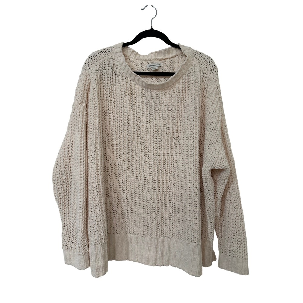 American Eagle Women Cream Chenille Oversized Waffle Knit Sweater S Minimal Cozy